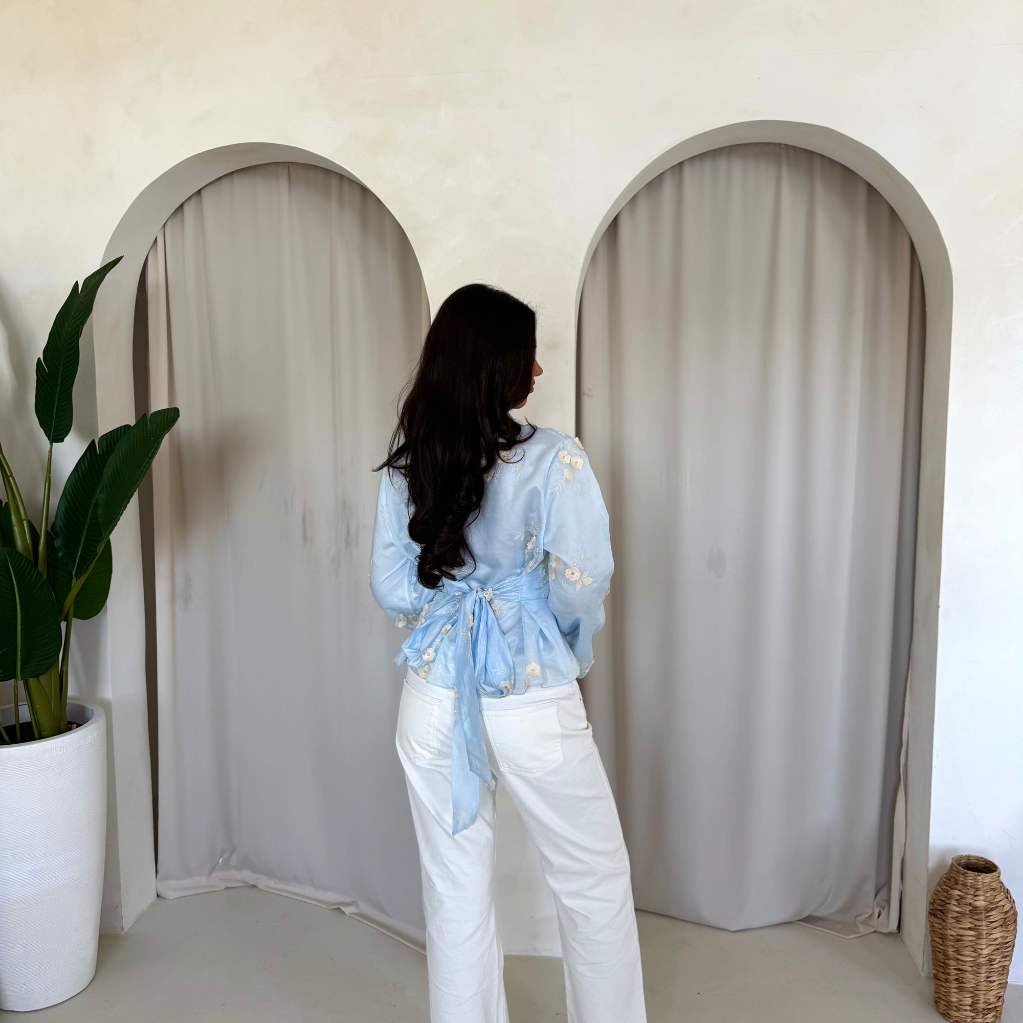 Diya Blue Floral Embroidery Tie Back Top