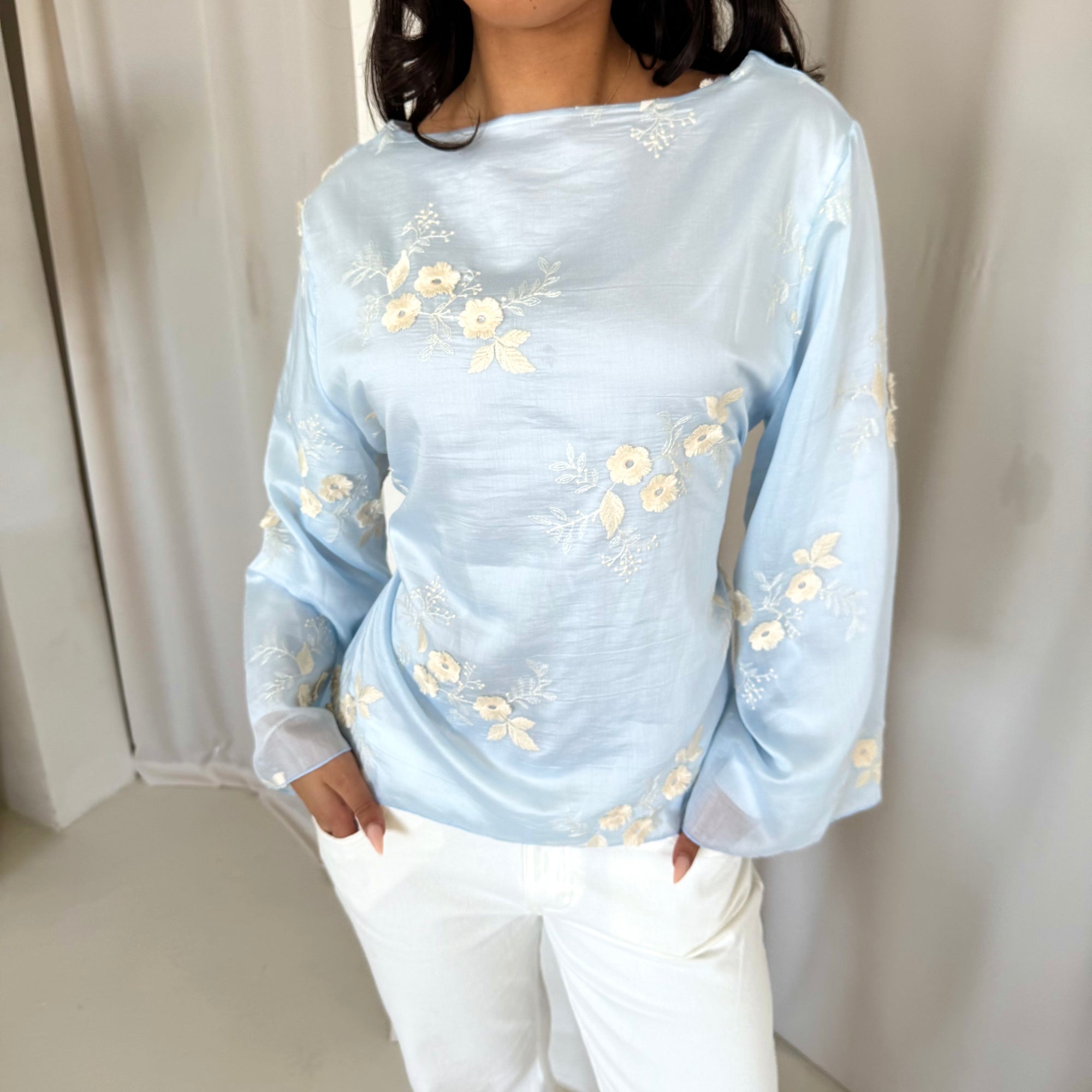 Diya Blue Floral Embroidery Tie Back Top