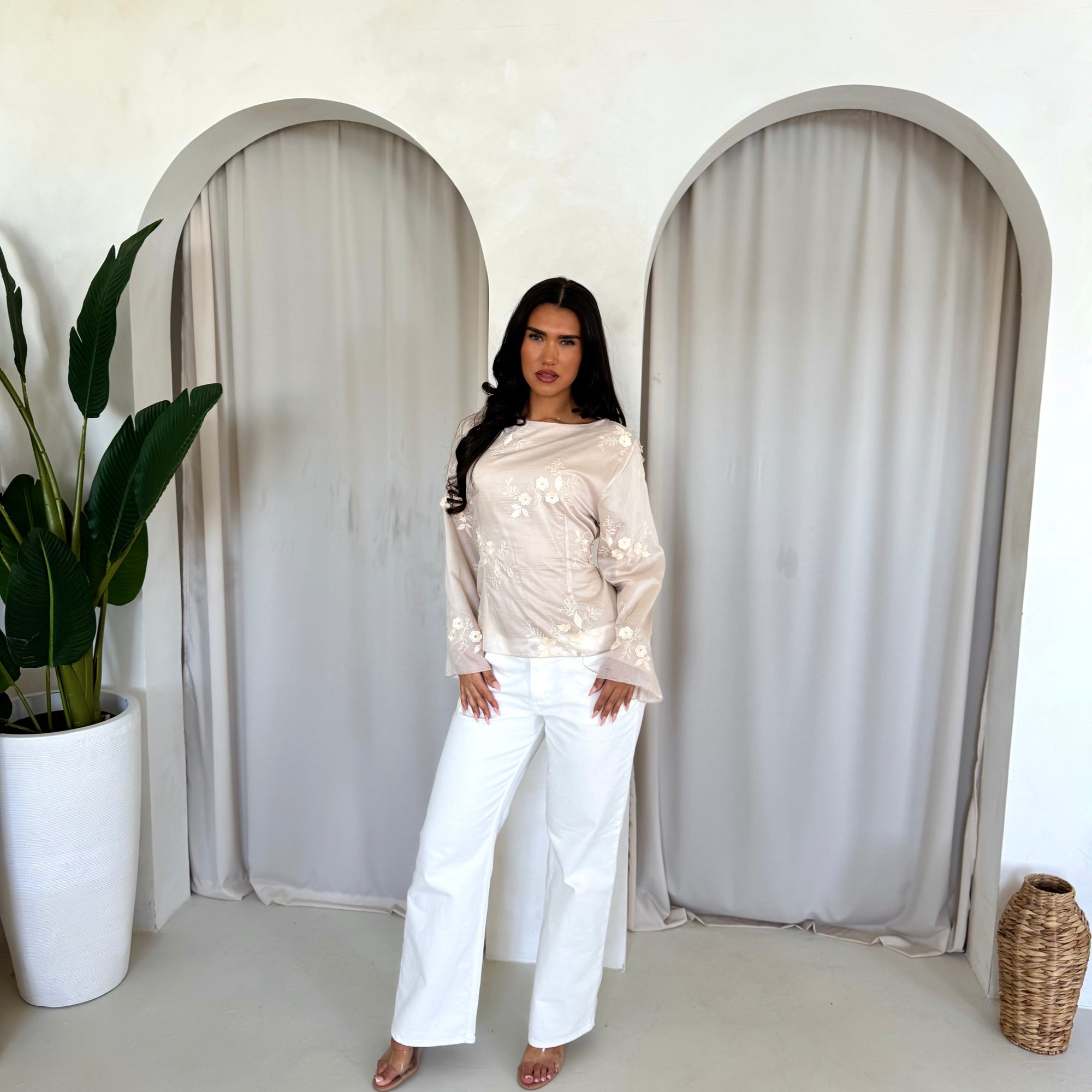 Diya Beige Floral Embroidery Tie Back Top