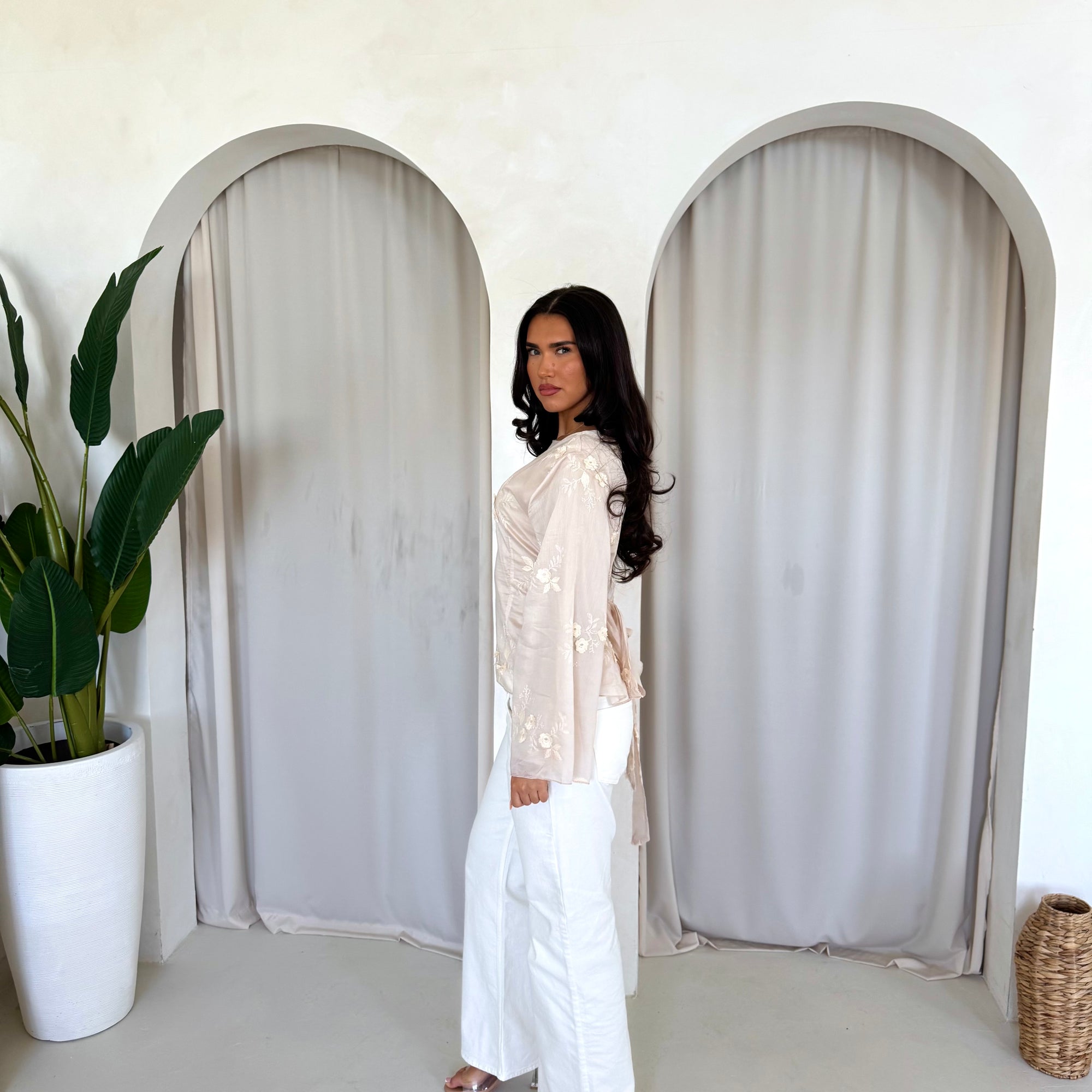 Diya Beige Floral Embroidery Tie Back Top