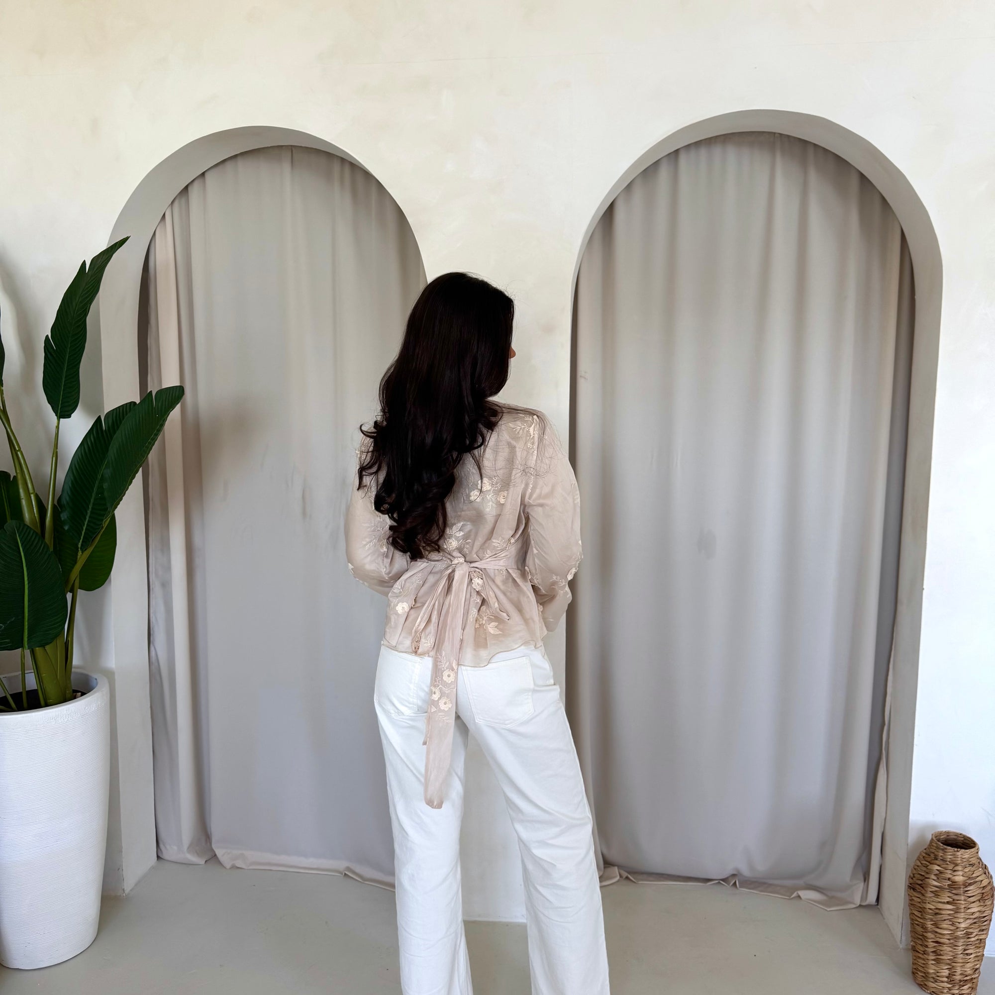 Diya Beige Floral Embroidery Tie Back Top