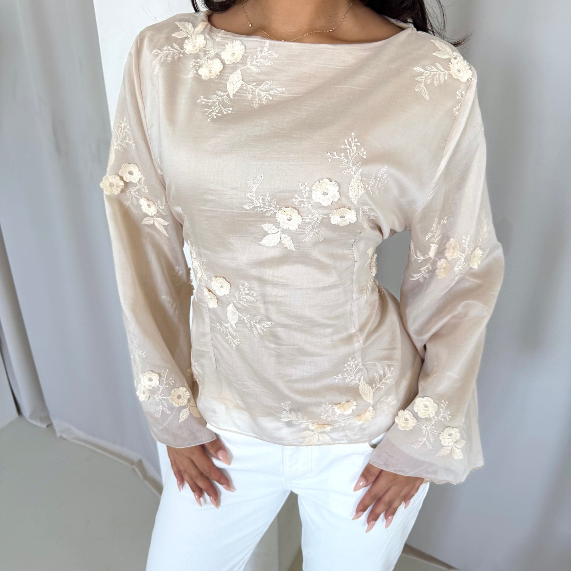 Diya Beige Floral Embroidery Tie Back Top