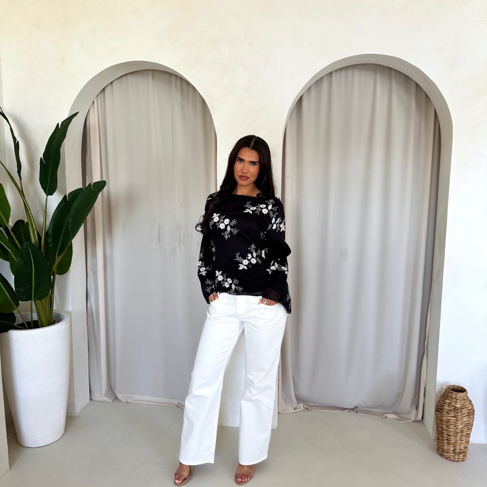 Diya Black Floral Embroidery Tie Back Top