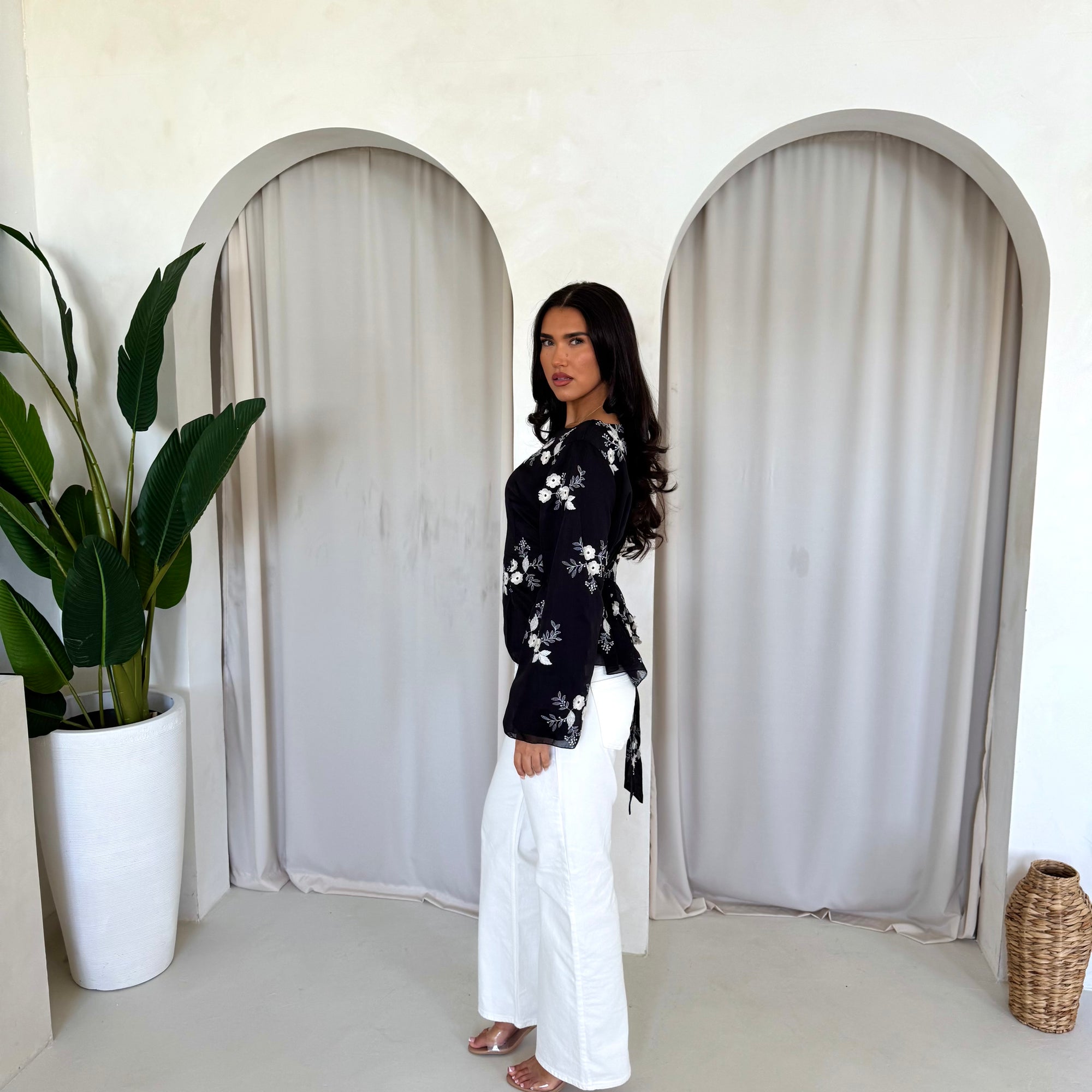 Diya Black Floral Embroidery Tie Back Top