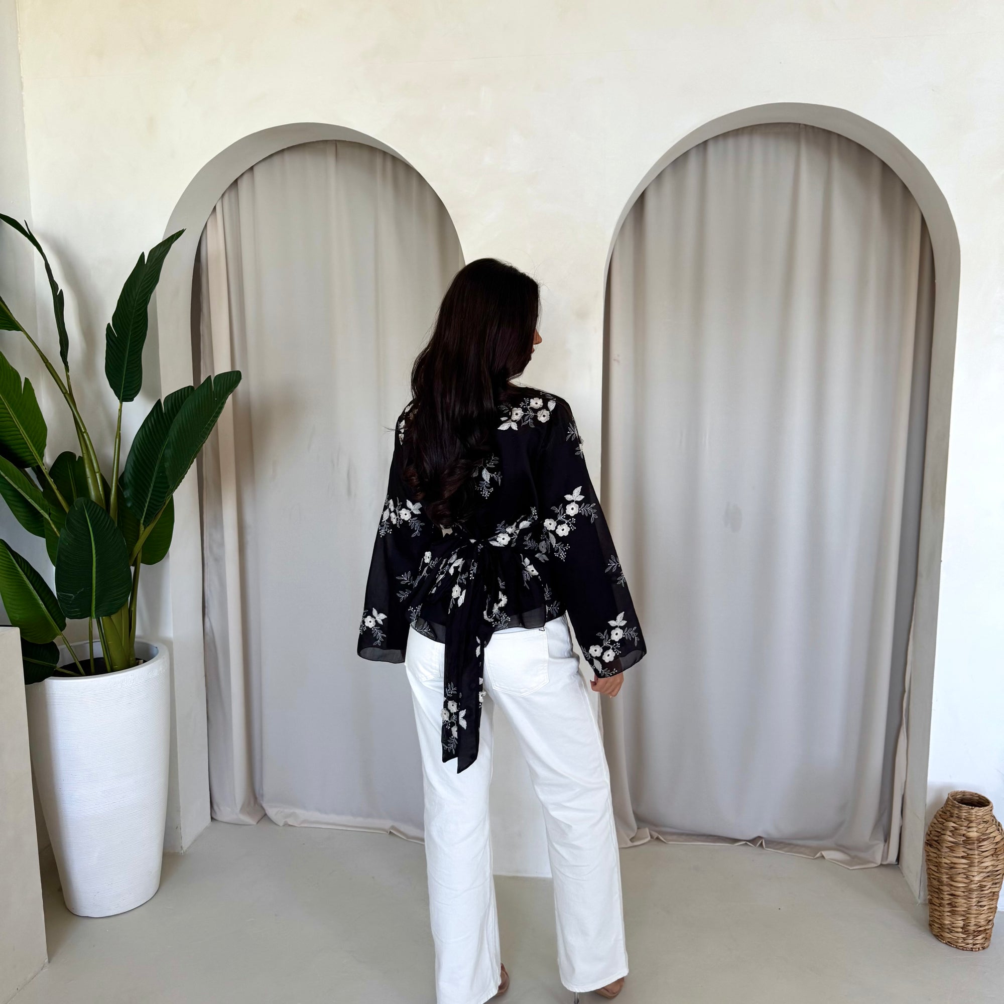 Diya Black Floral Embroidery Tie Back Top