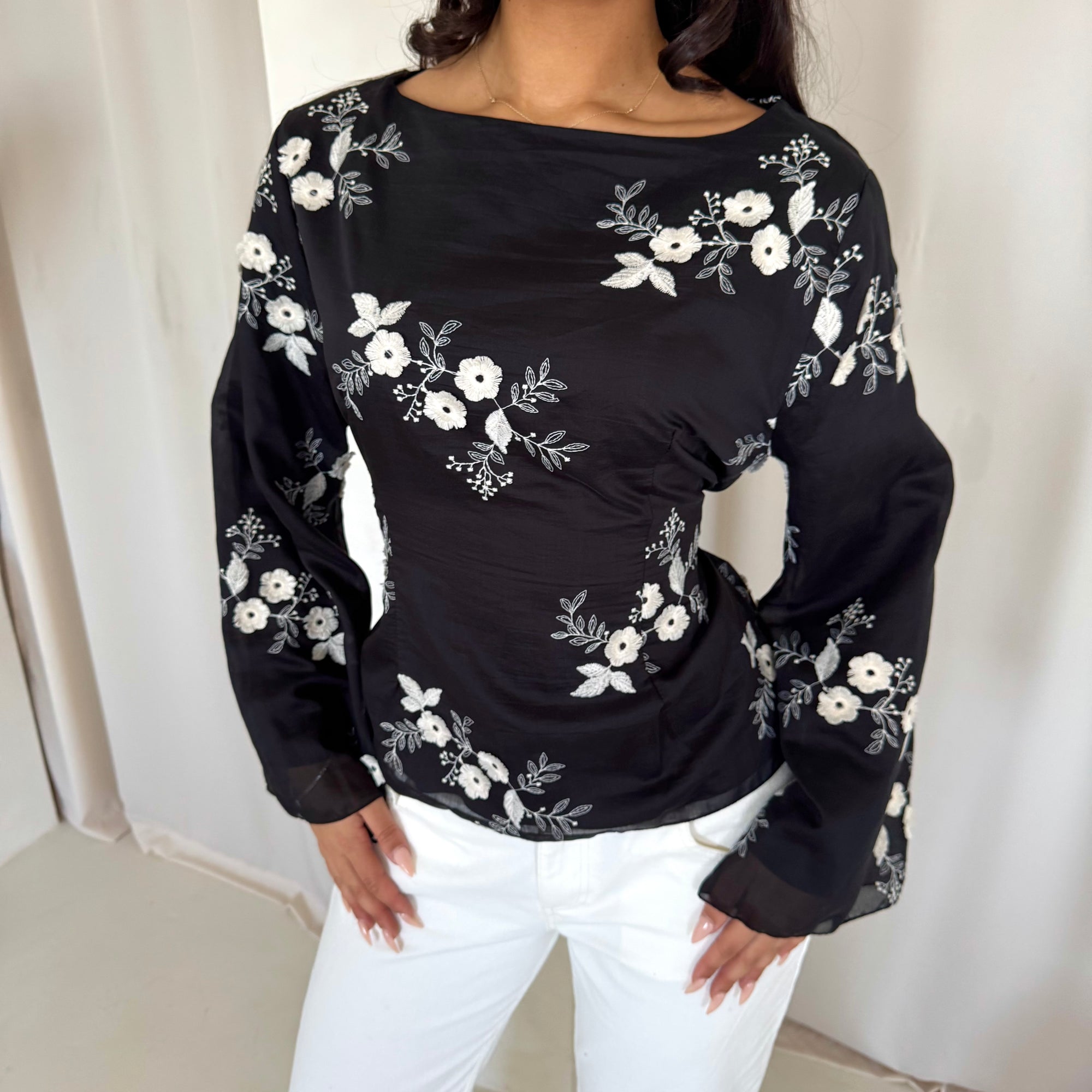 Diya Black Floral Embroidery Tie Back Top