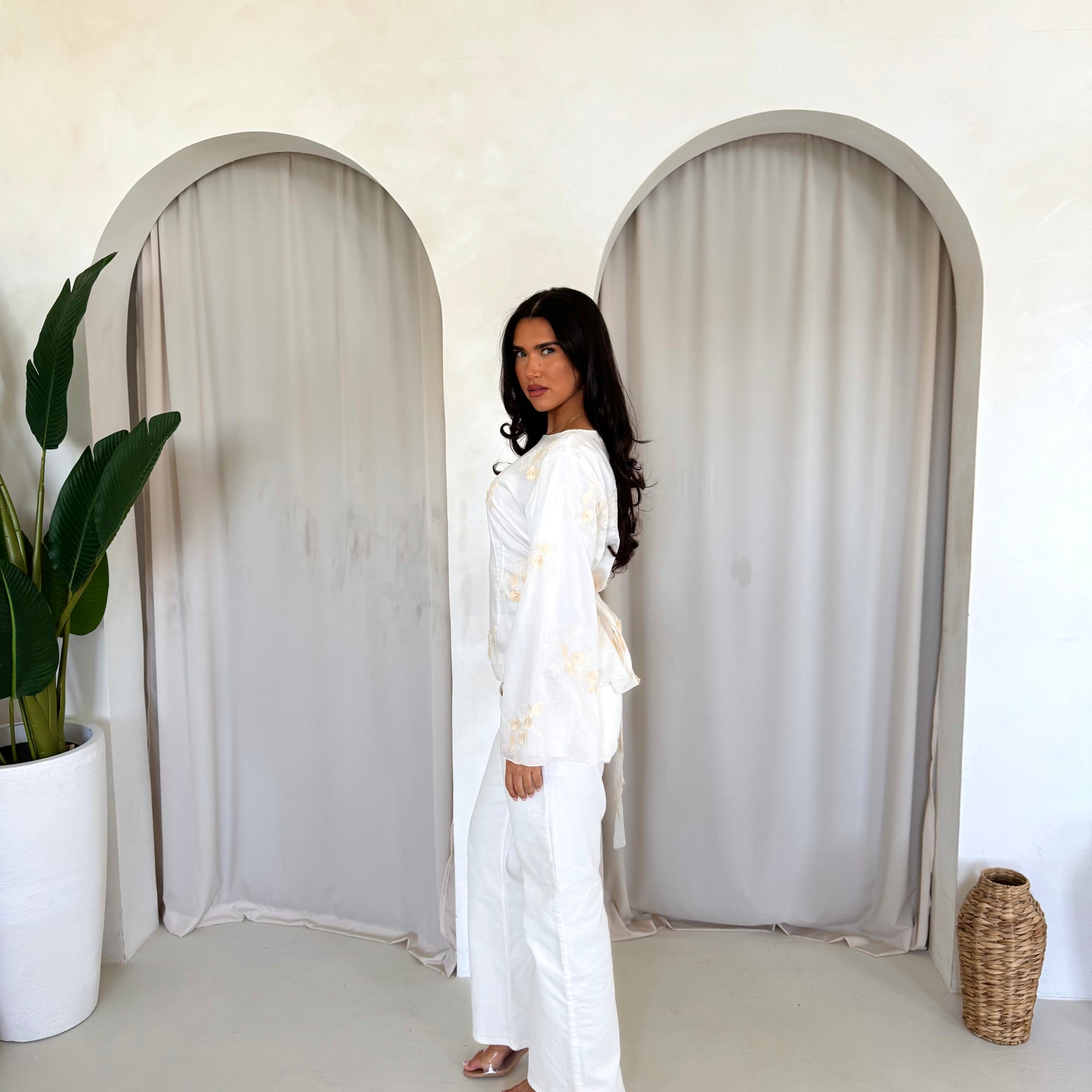 Diya White Floral Embroidery Tie Back Top