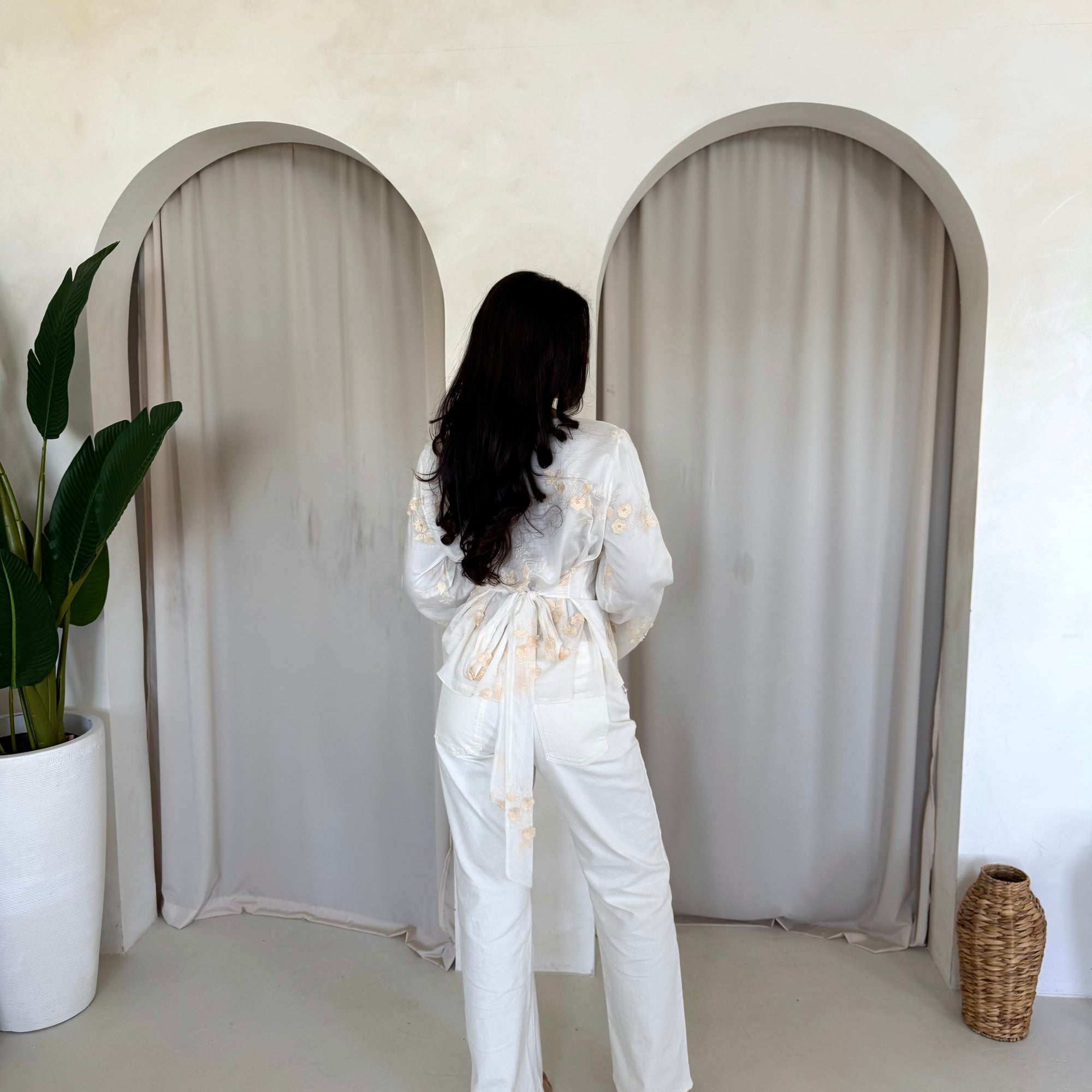 Diya White Floral Embroidery Tie Back Top