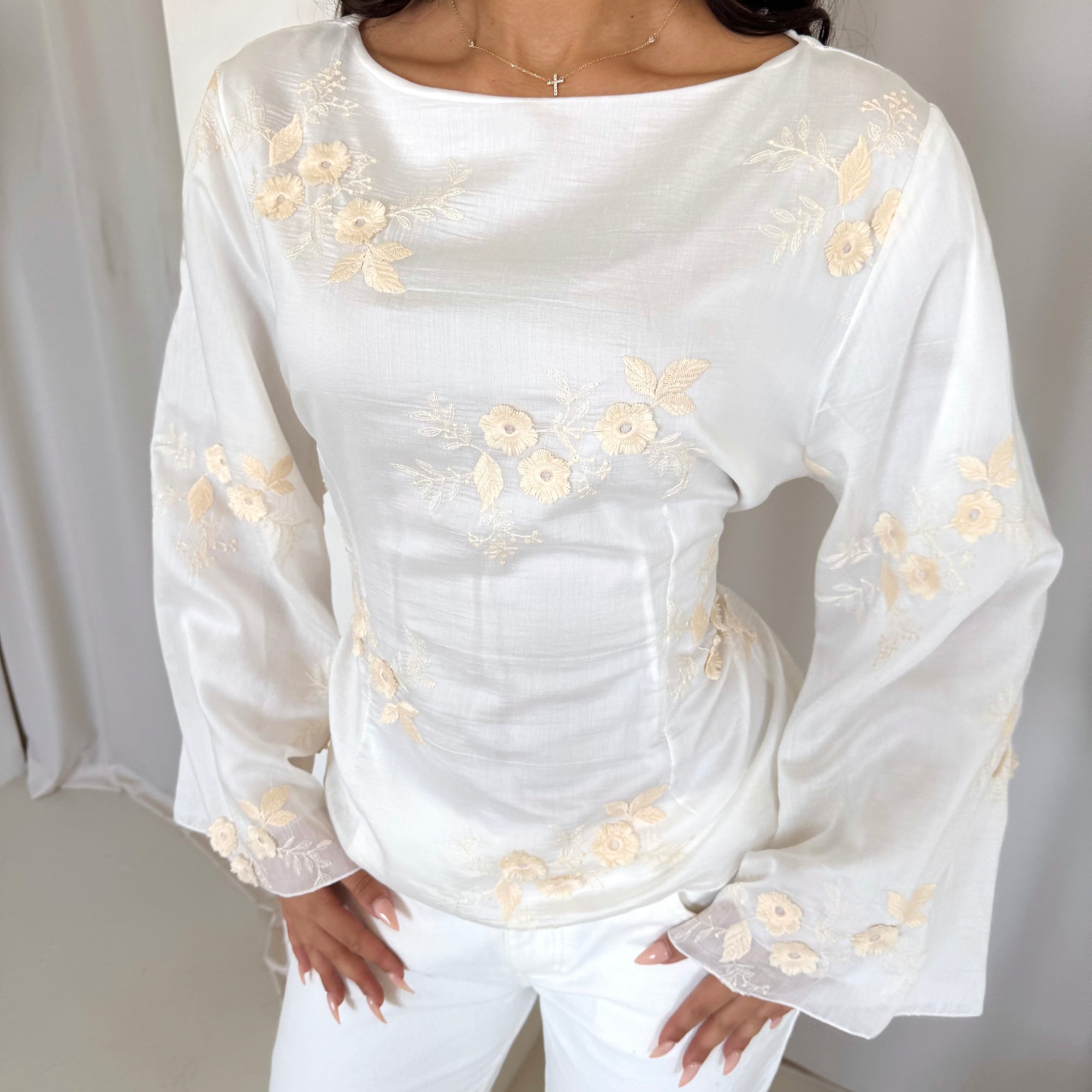 Diya White Floral Embroidery Tie Back Top