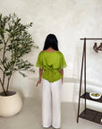 Rayna Lime Green Summer Lace Detail Short Sleeve Tie Back Top