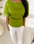 Rayna Lime Green Summer Lace Detail Short Sleeve Tie Back Top