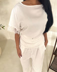 Rayna White Summer Lace Detail Short Sleeve Tie Back Top