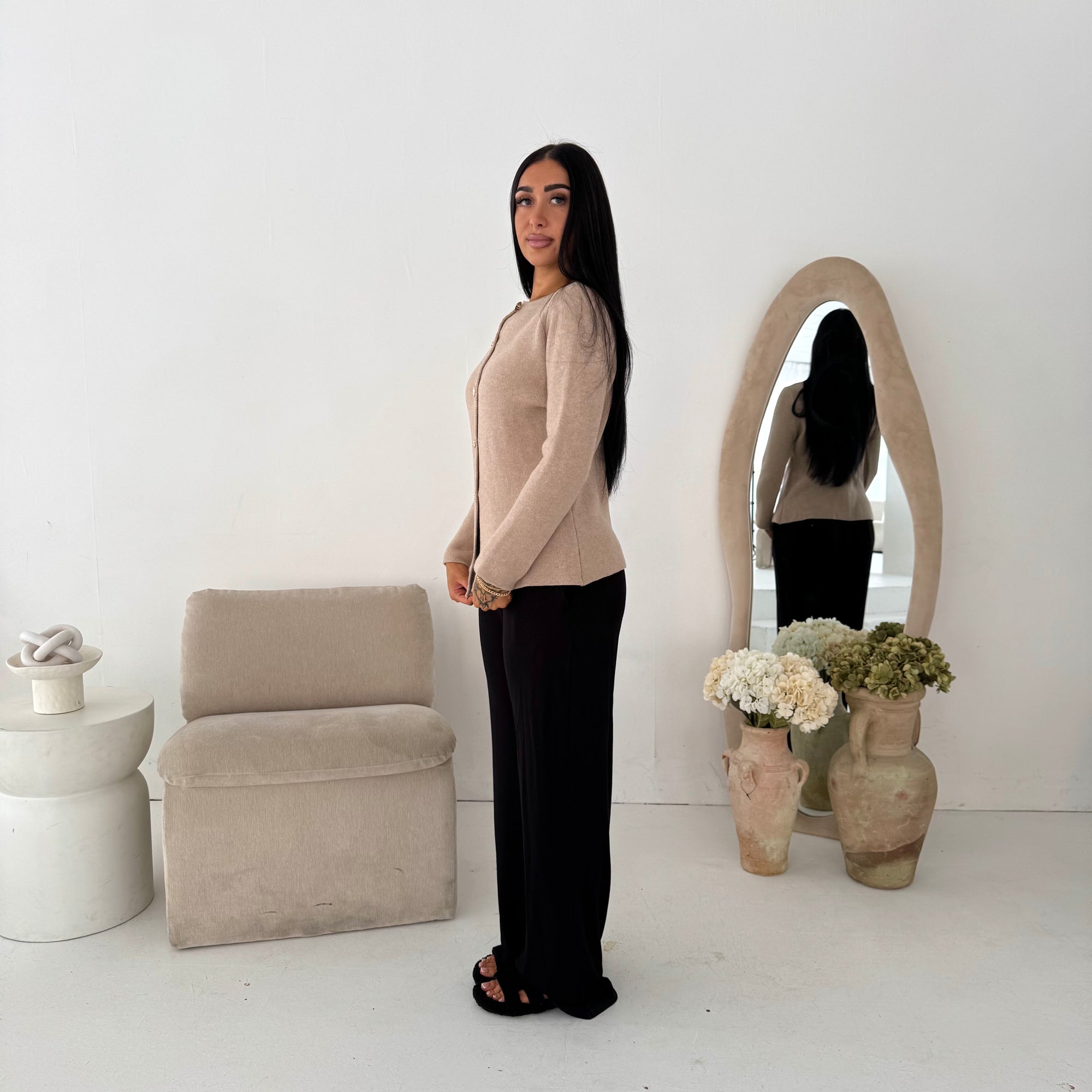 Kisa Beige Gold Button Knitted Cardigan