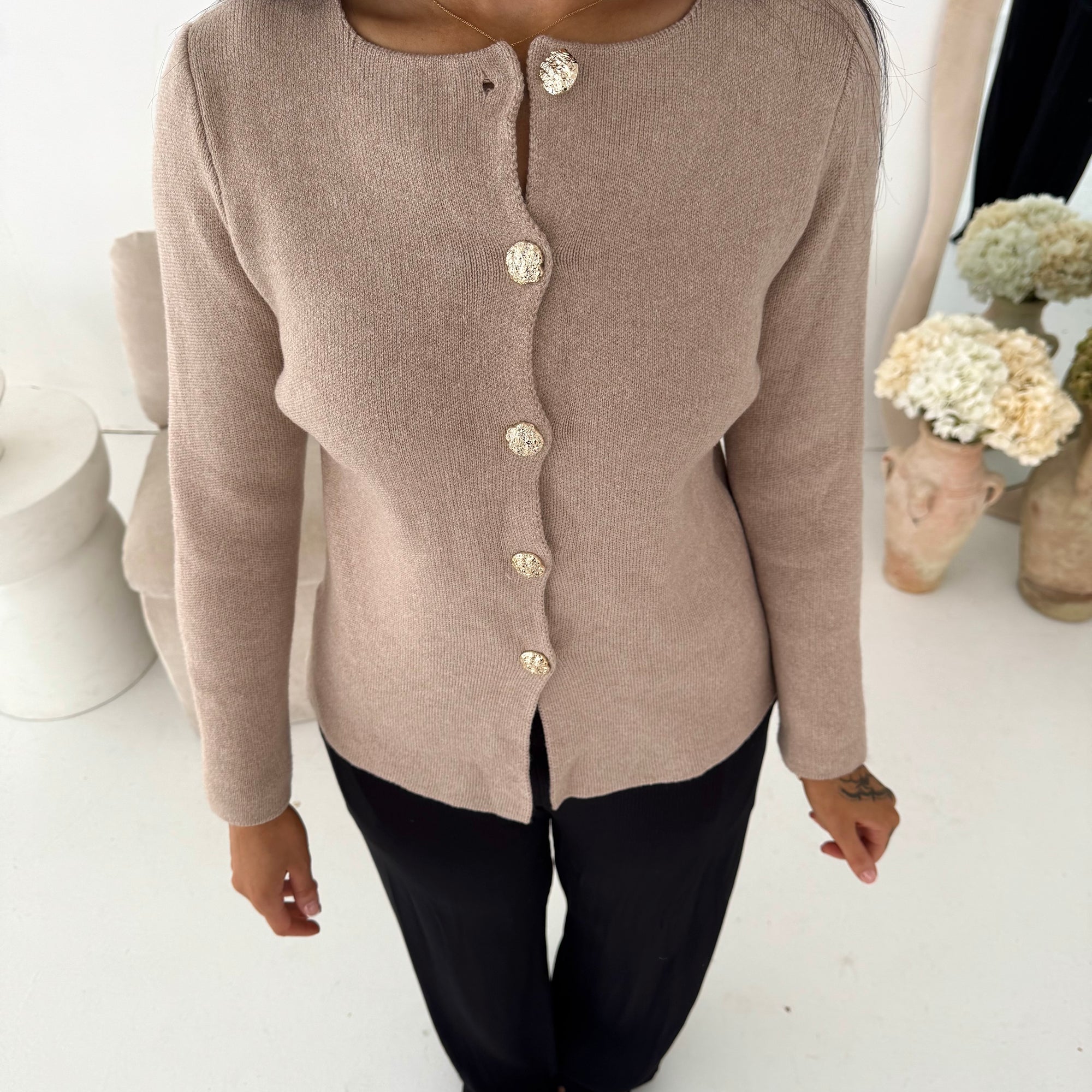 Kisa Beige Gold Button Knitted Cardigan