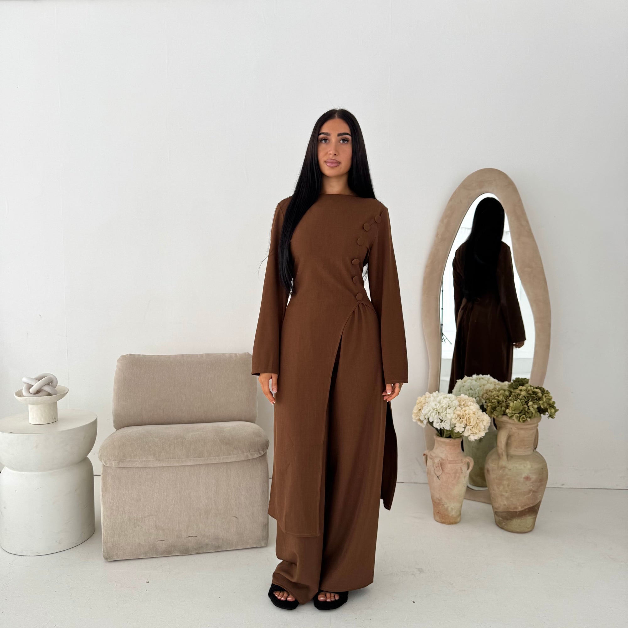 Ida Brown Button Detail Trouser Co Ord Set