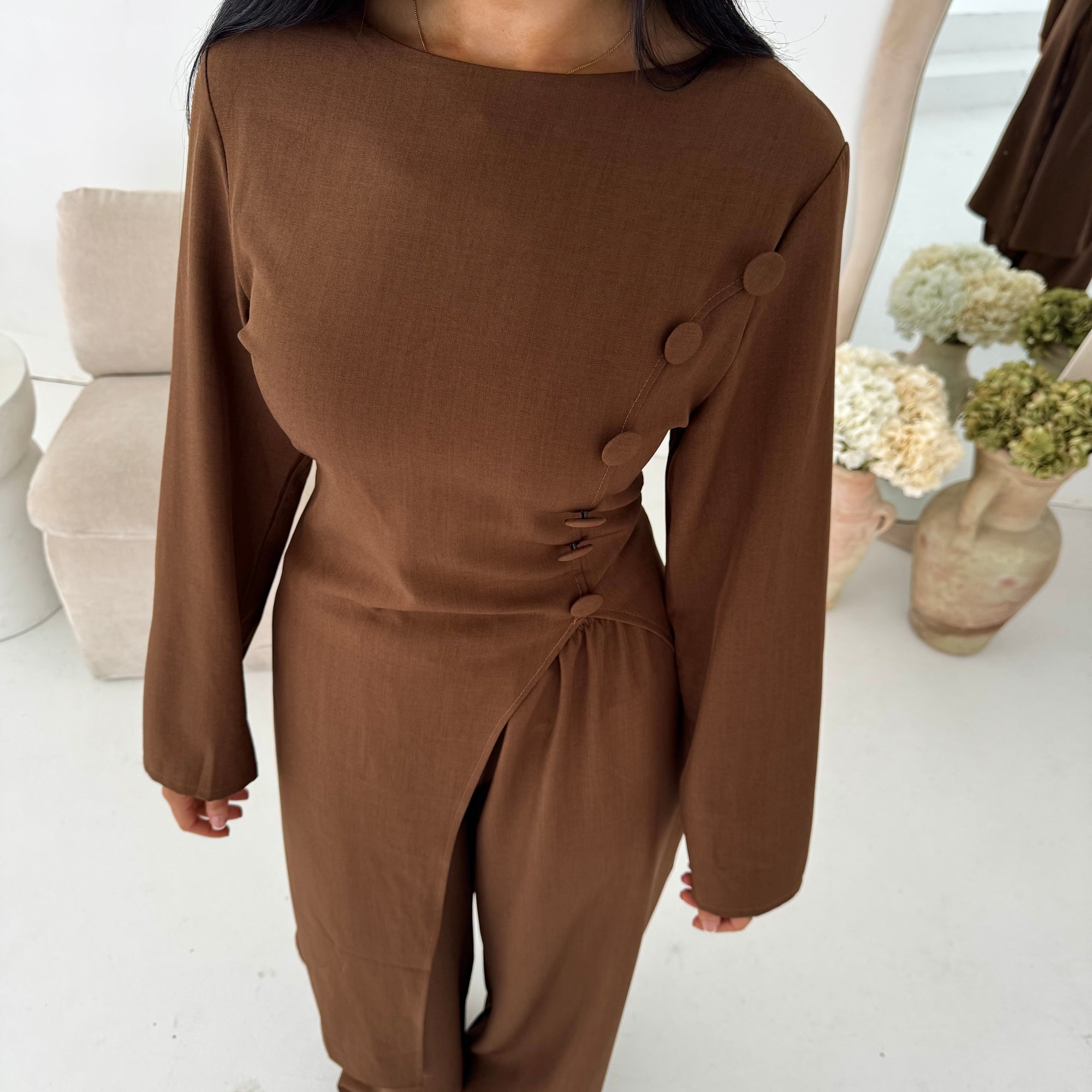 Ida Brown Button Detail Trouser Co Ord Set