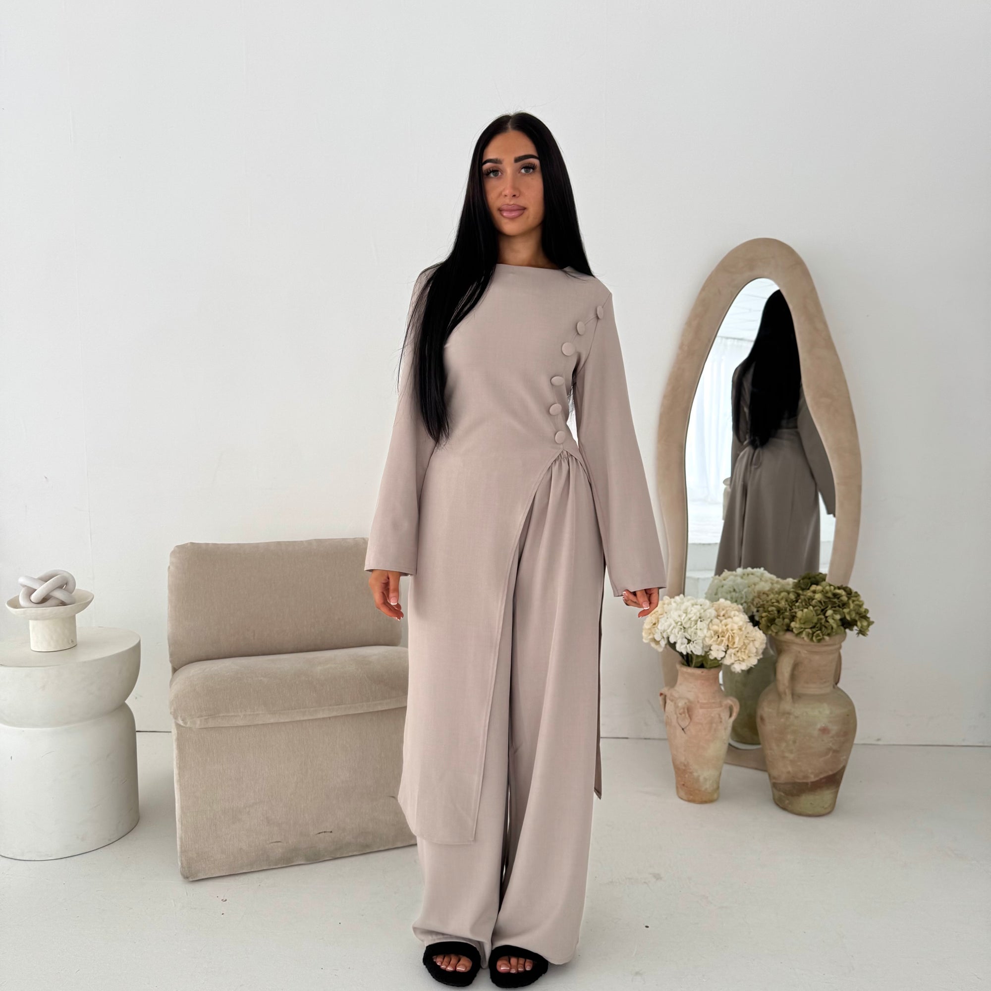 Ida Beige Button Detail Trouser Co Ord Set