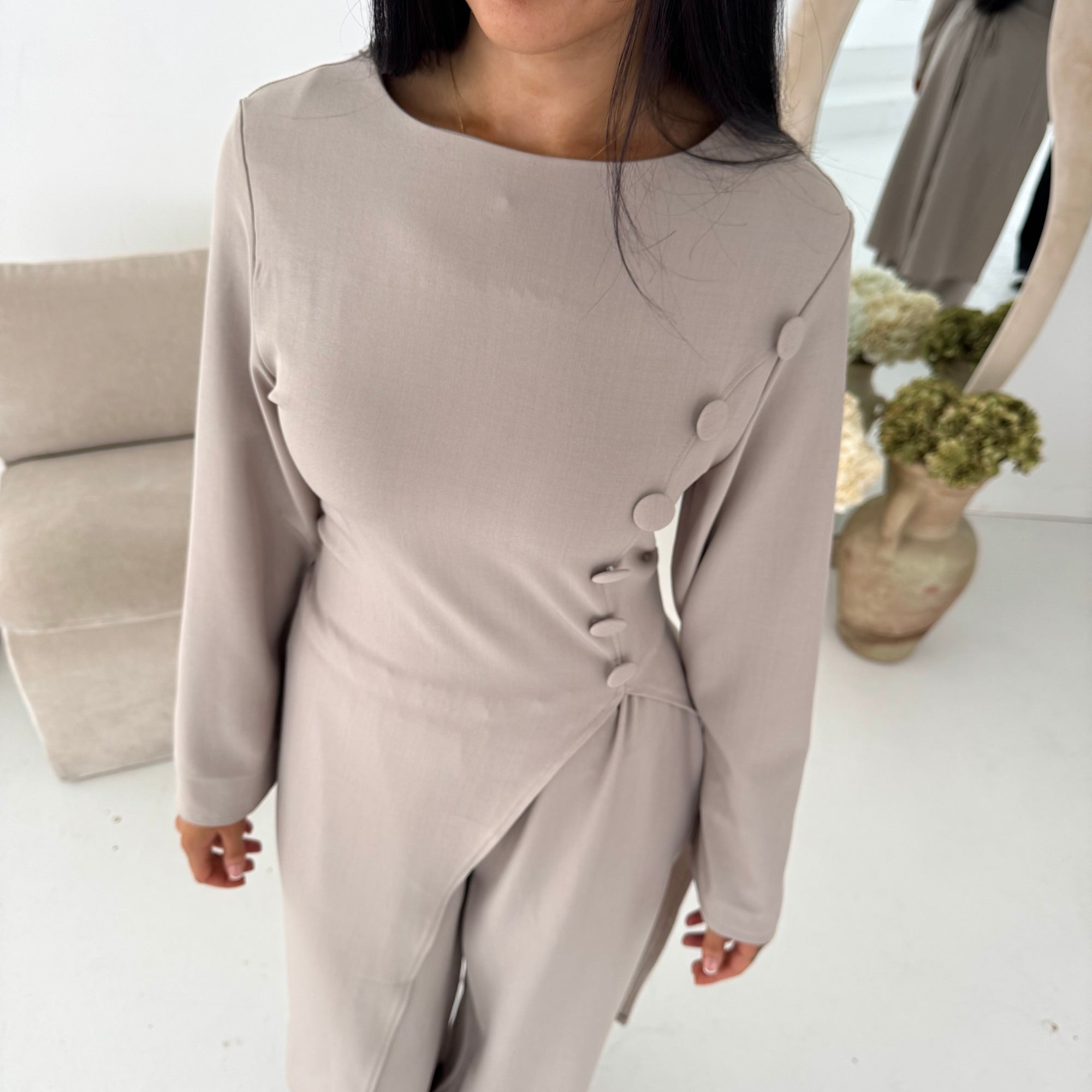 Ida Beige Button Detail Trouser Co Ord Set