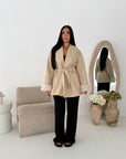 Maha Beige Short Belted Fur Sleeve Coat