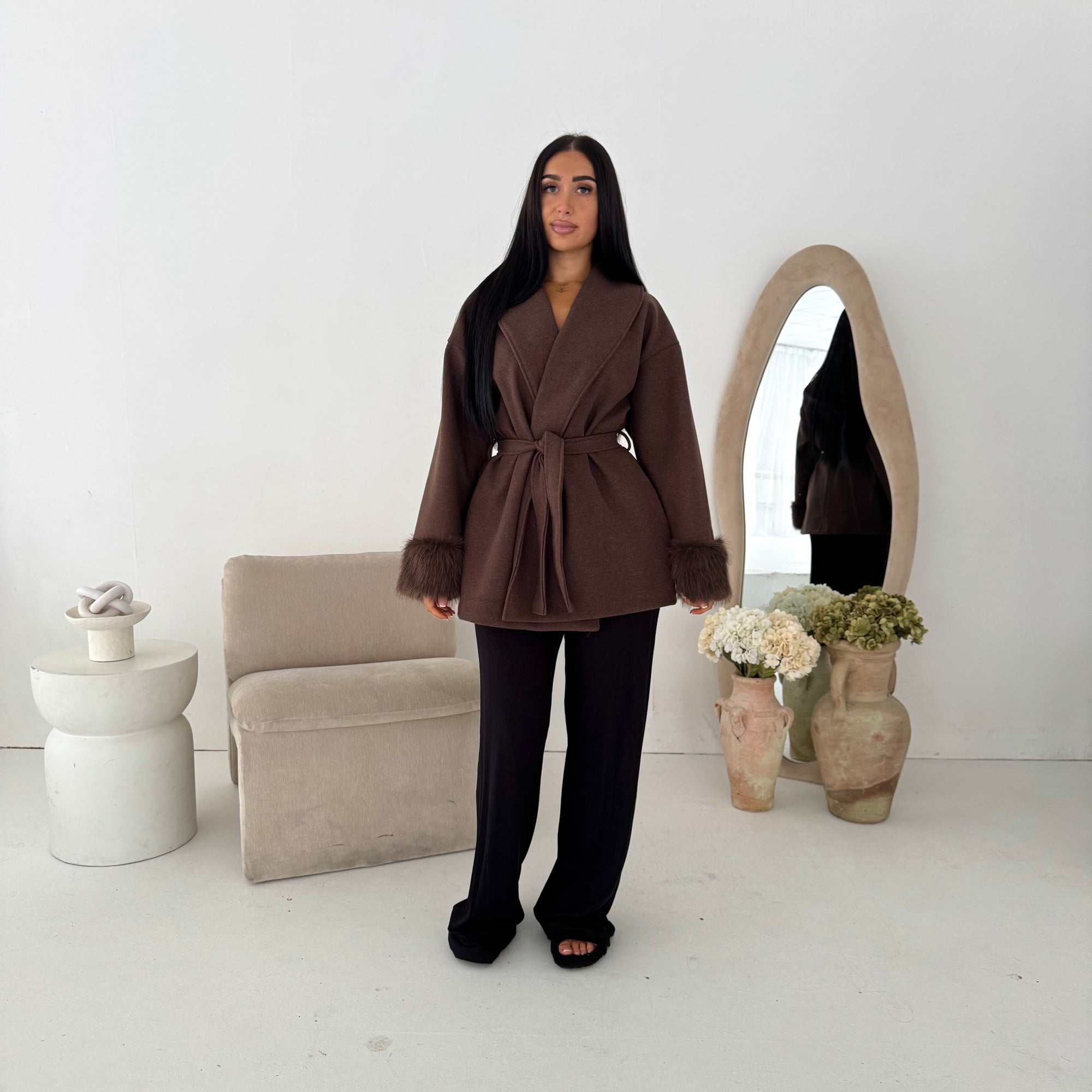 Maha Brown Short Belted Fur Sleeve Coat