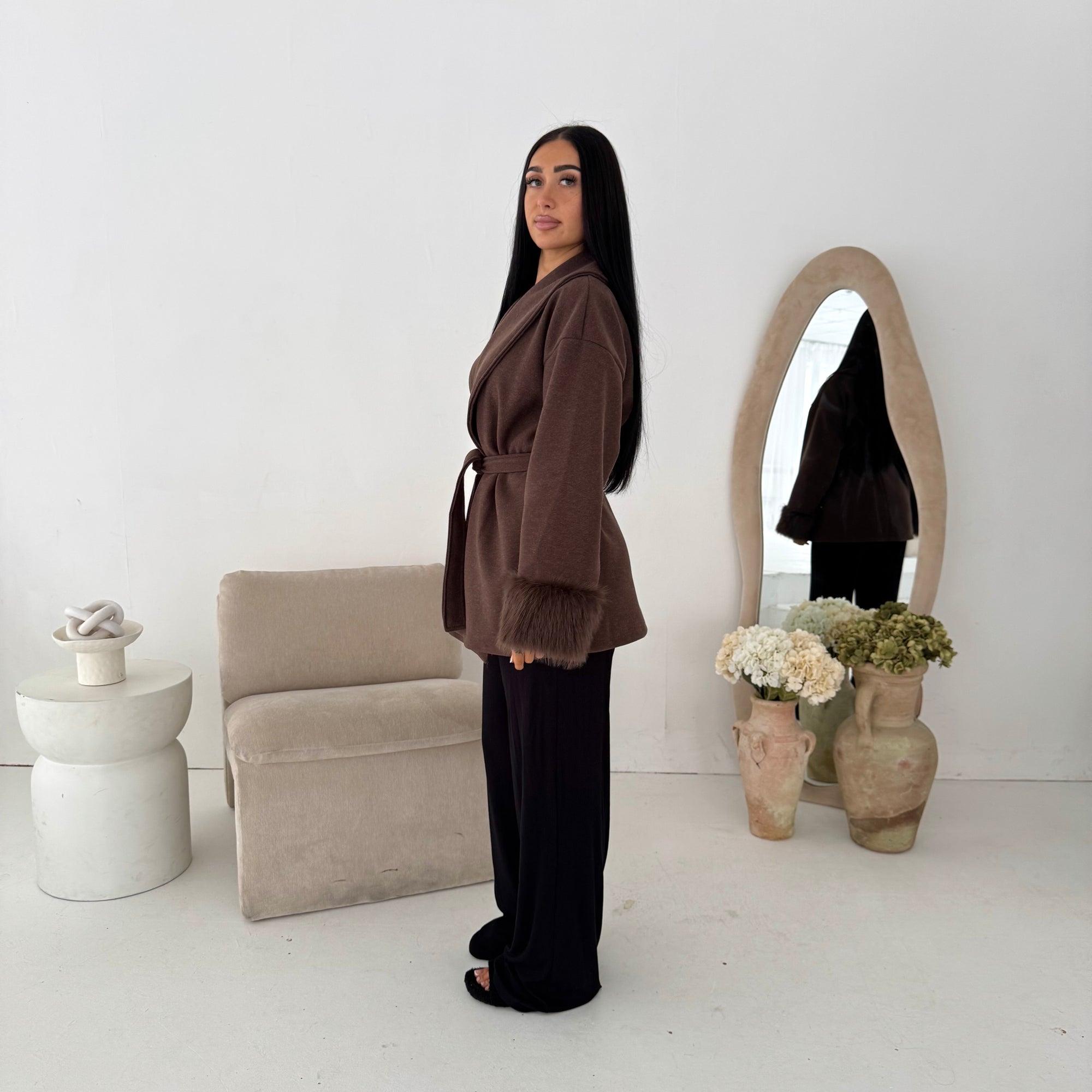 Maha Brown Short Belted Fur Sleeve Coat