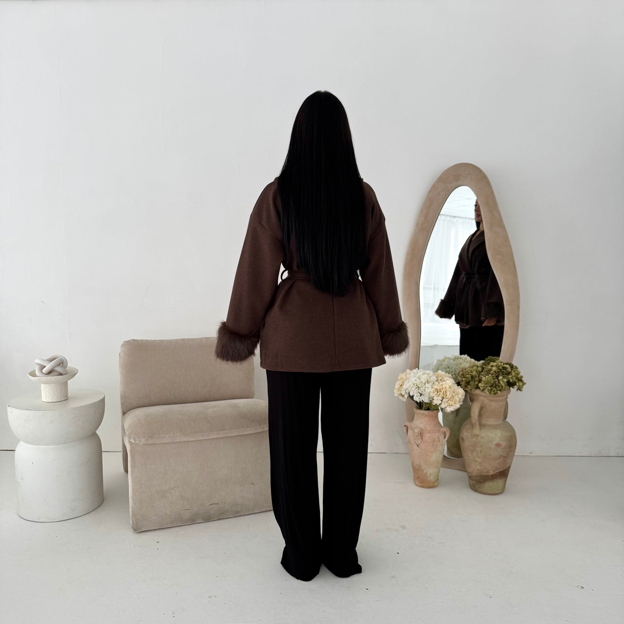 Maha Brown Short Belted Fur Sleeve Coat