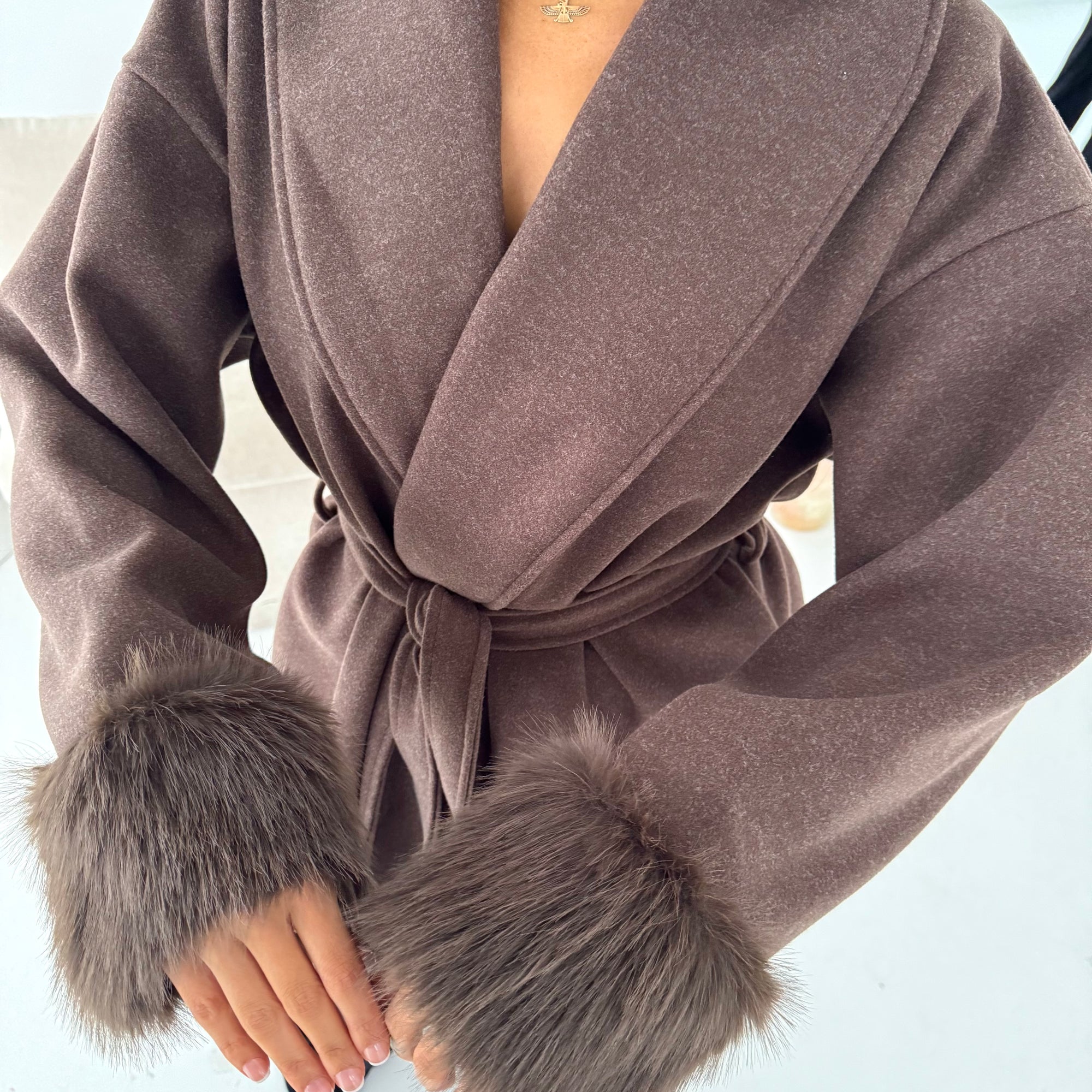 Maha Brown Short Belted Fur Sleeve Coat