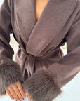 Maha Brown Short Belted Fur Sleeve Coat