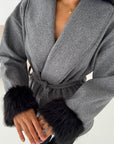 Maha Grey Short Belted Fur Sleeve Coat