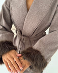 Maha Mocha Short Belted Fur Sleeve Coat