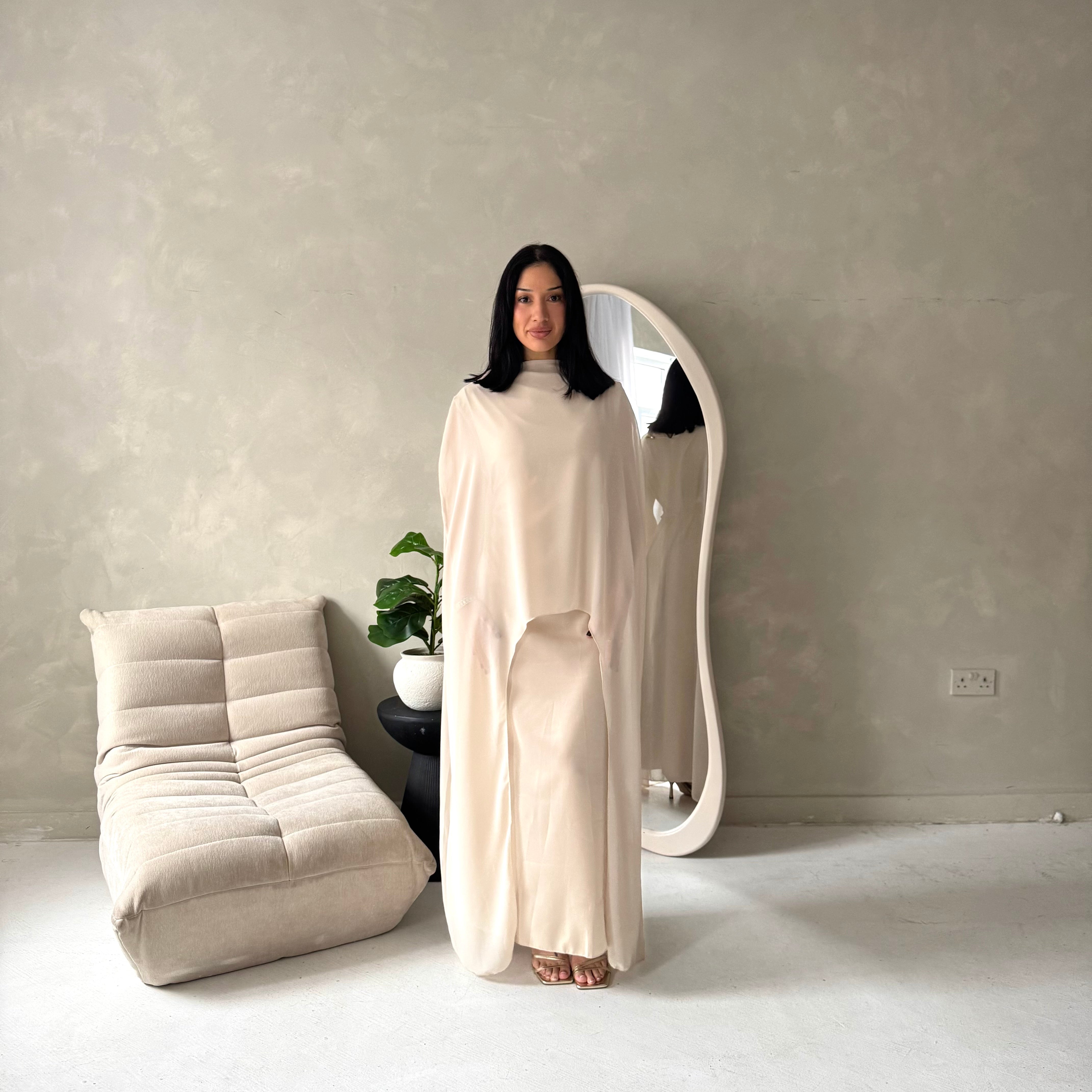 Bria Brown Plain Chiffon Cape Tie Back Modest Satin Dress – House Of Haniya
