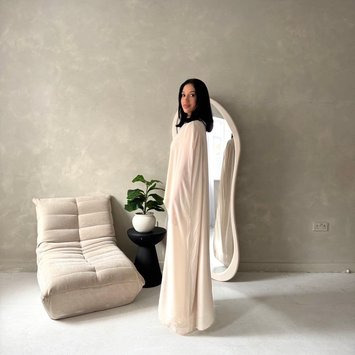 Bria Beige Plain Chiffon Cape Tie Back Modest Satin Dress