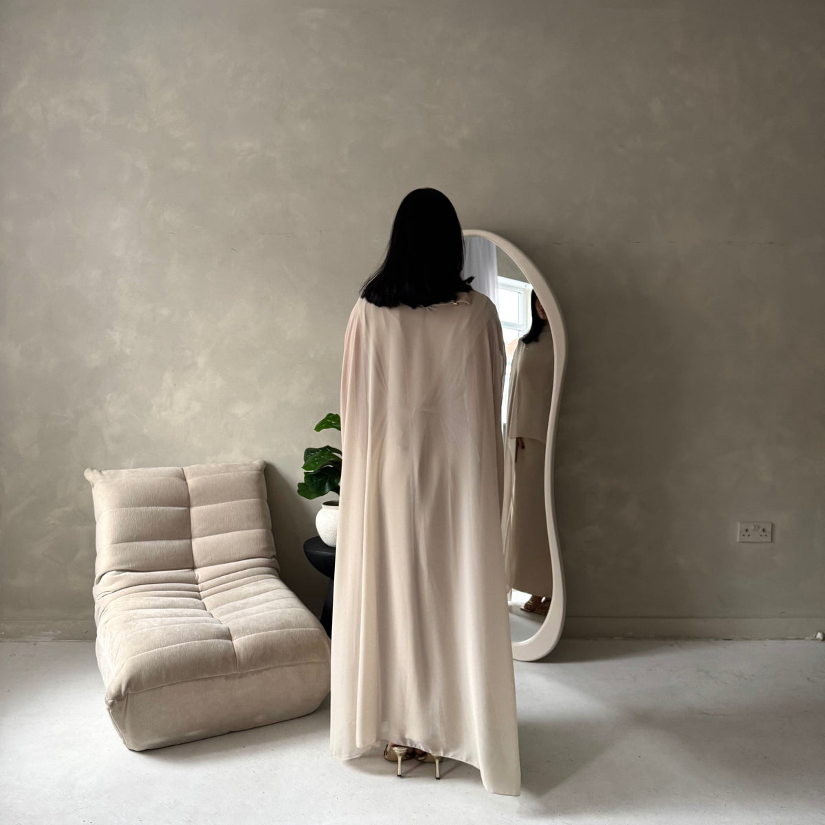 Bria Beige Plain Chiffon Cape Tie Back Modest Satin Dress