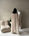Bria Beige Plain Chiffon Cape Tie Back Modest Satin Dress
