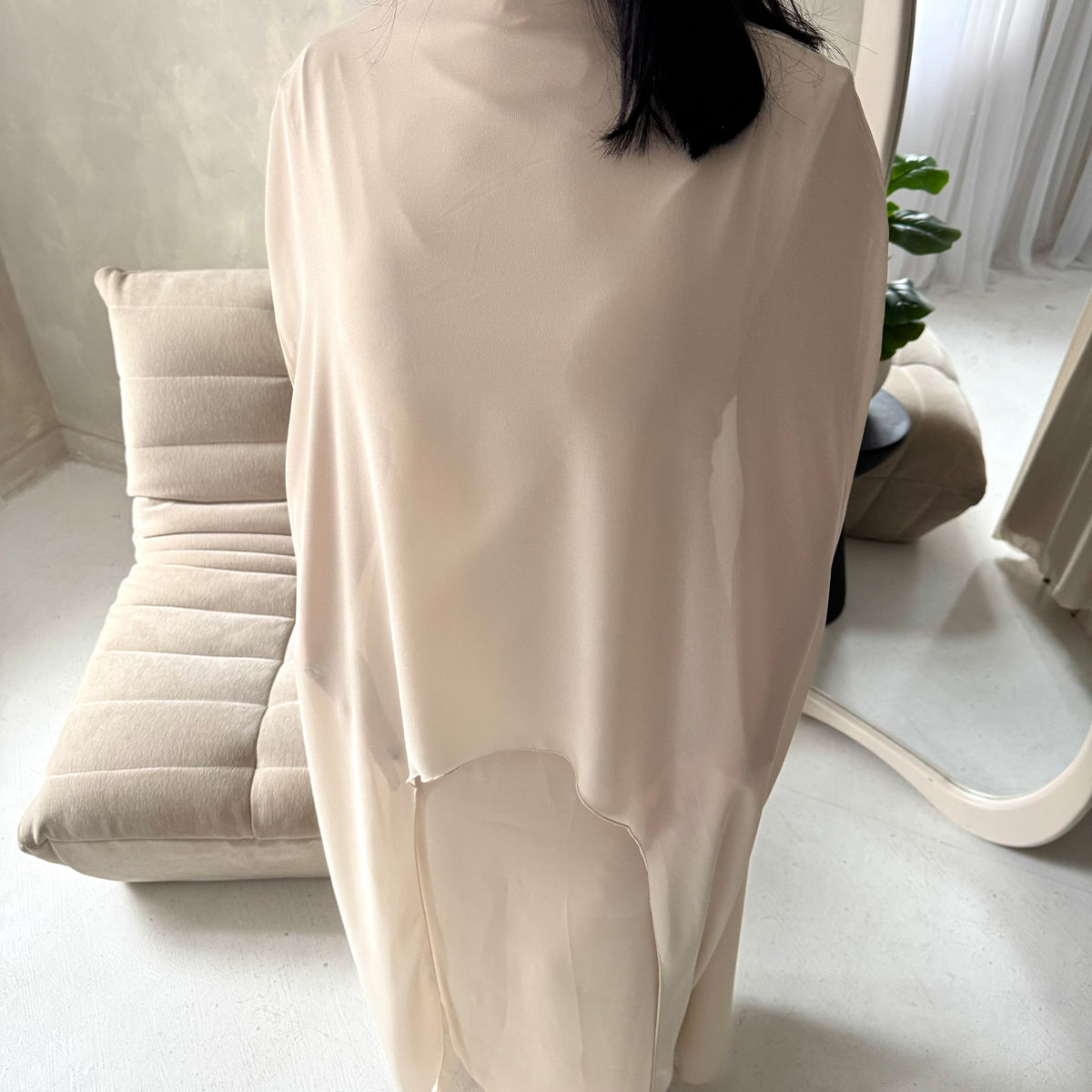 Bria Beige Plain Chiffon Cape Tie Back Modest Satin Dress