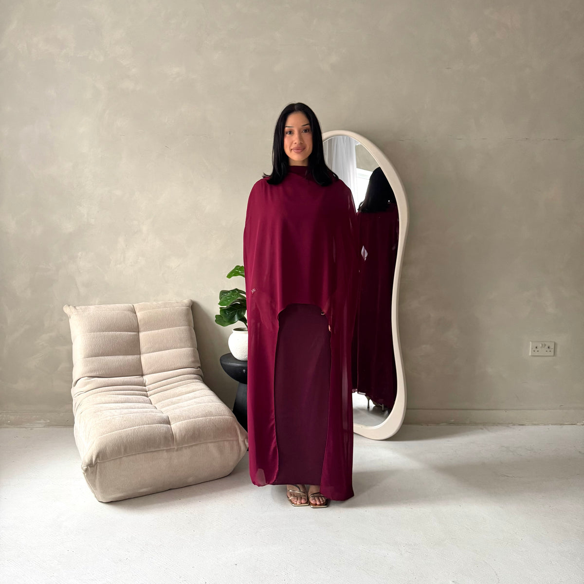 Bria Wine Plain Chiffon Cape Tie Back Modest Satin Dress