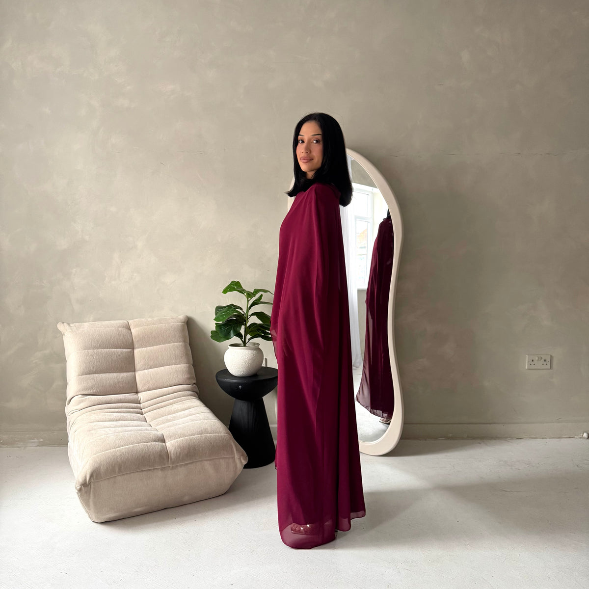 Bria Wine Plain Chiffon Cape Tie Back Modest Satin Dress