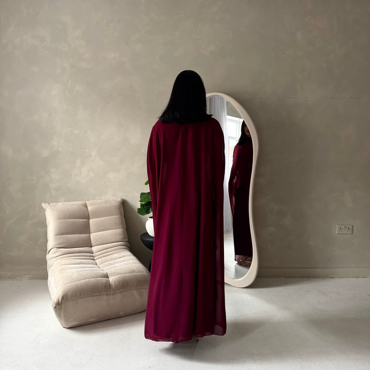 Bria Wine Plain Chiffon Cape Tie Back Modest Satin Dress
