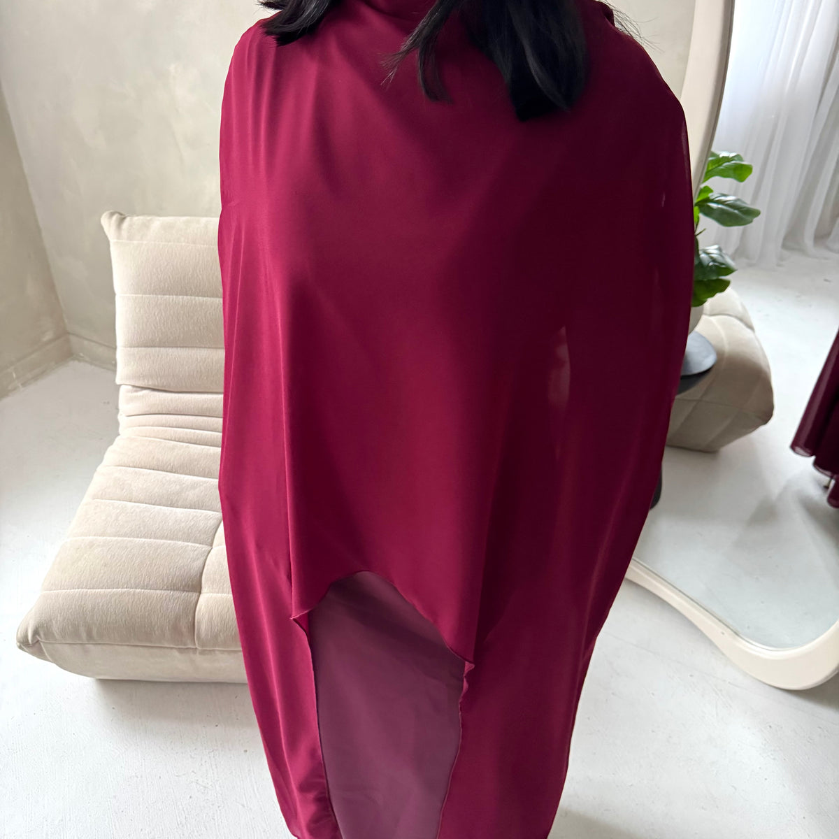 Bria Wine Plain Chiffon Cape Tie Back Modest Satin Dress