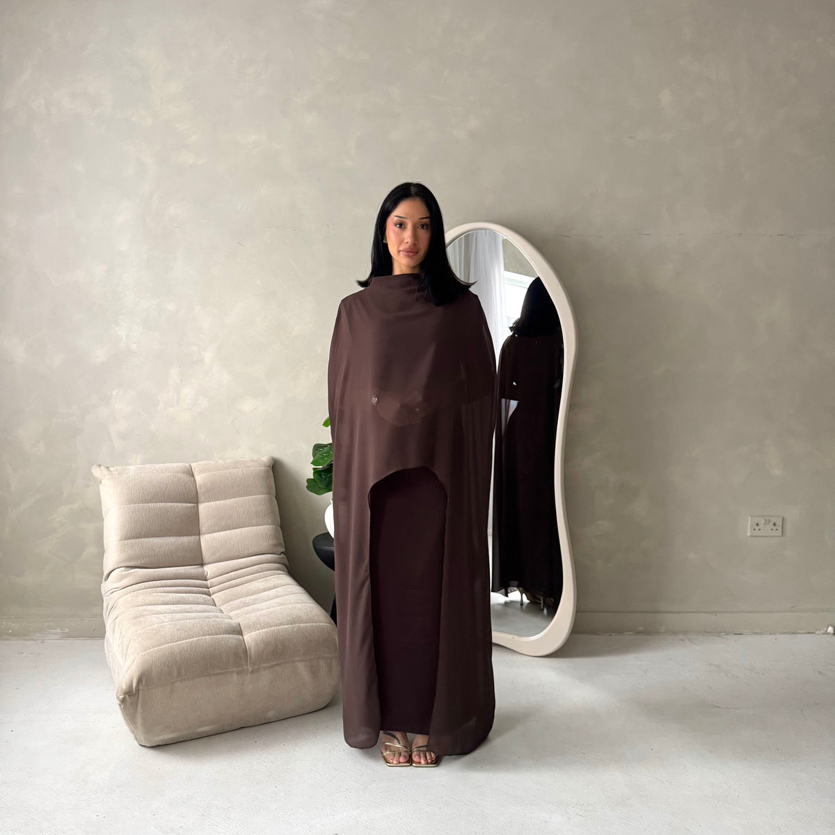 Bria Brown Plain Chiffon Cape Tie Back Modest Satin Dress