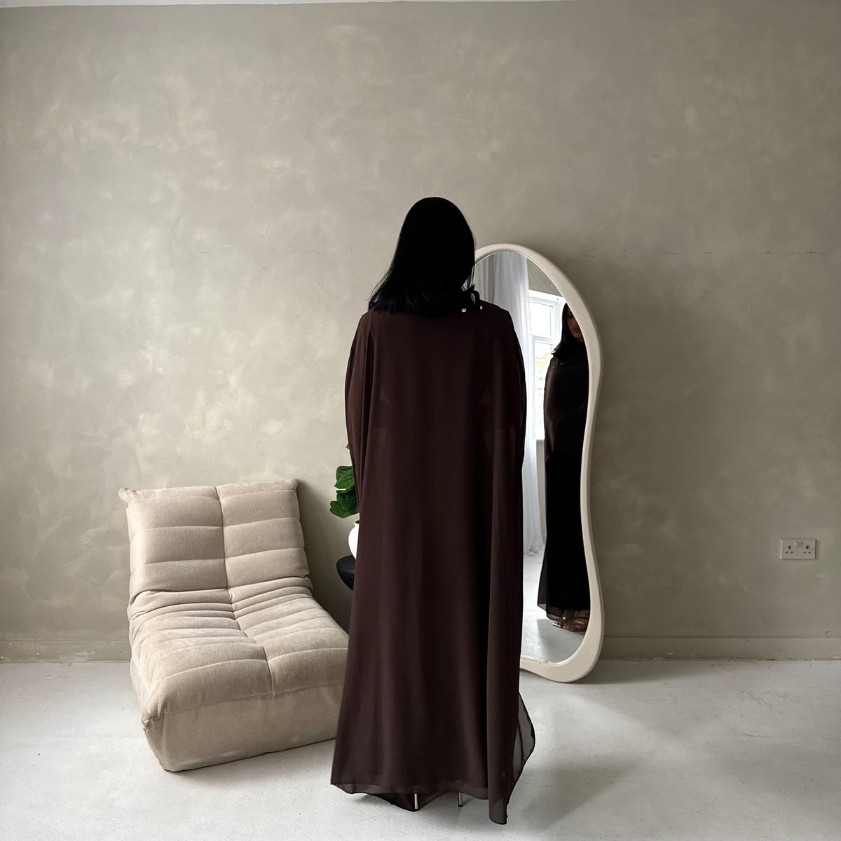 Bria Brown Plain Chiffon Cape Tie Back Modest Satin Dress