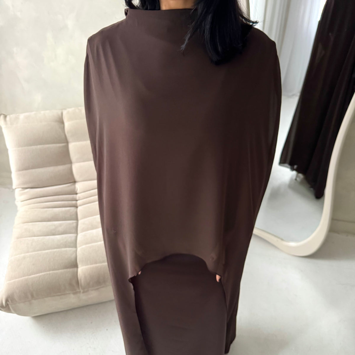 Bria Brown Plain Chiffon Cape Tie Back Modest Satin Dress
