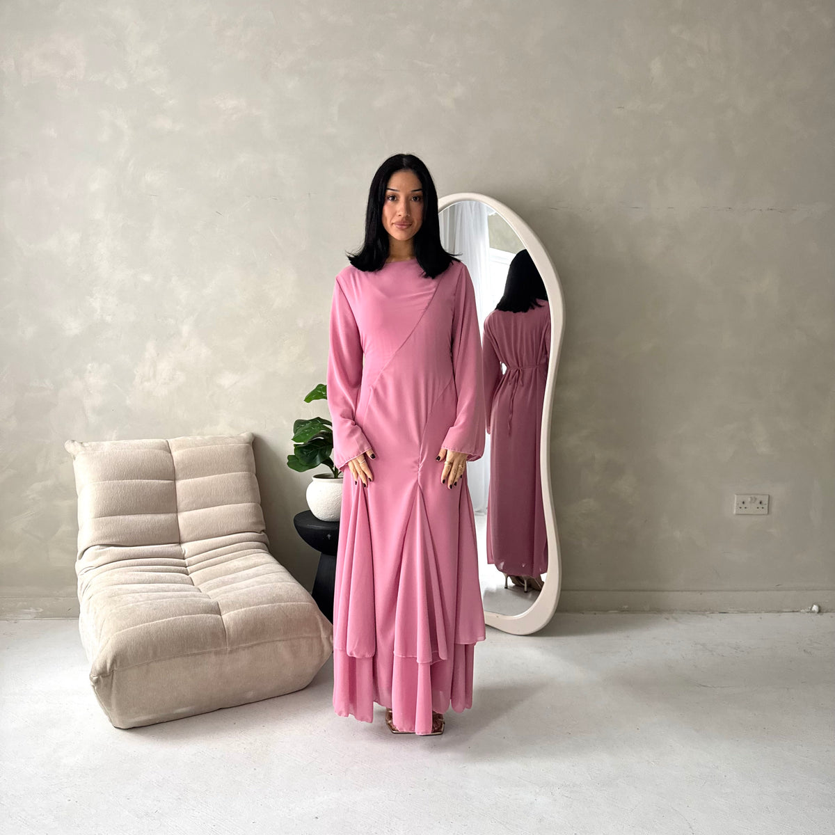 Mysa Pink Mesh Lined Frill Detail Modest Dress