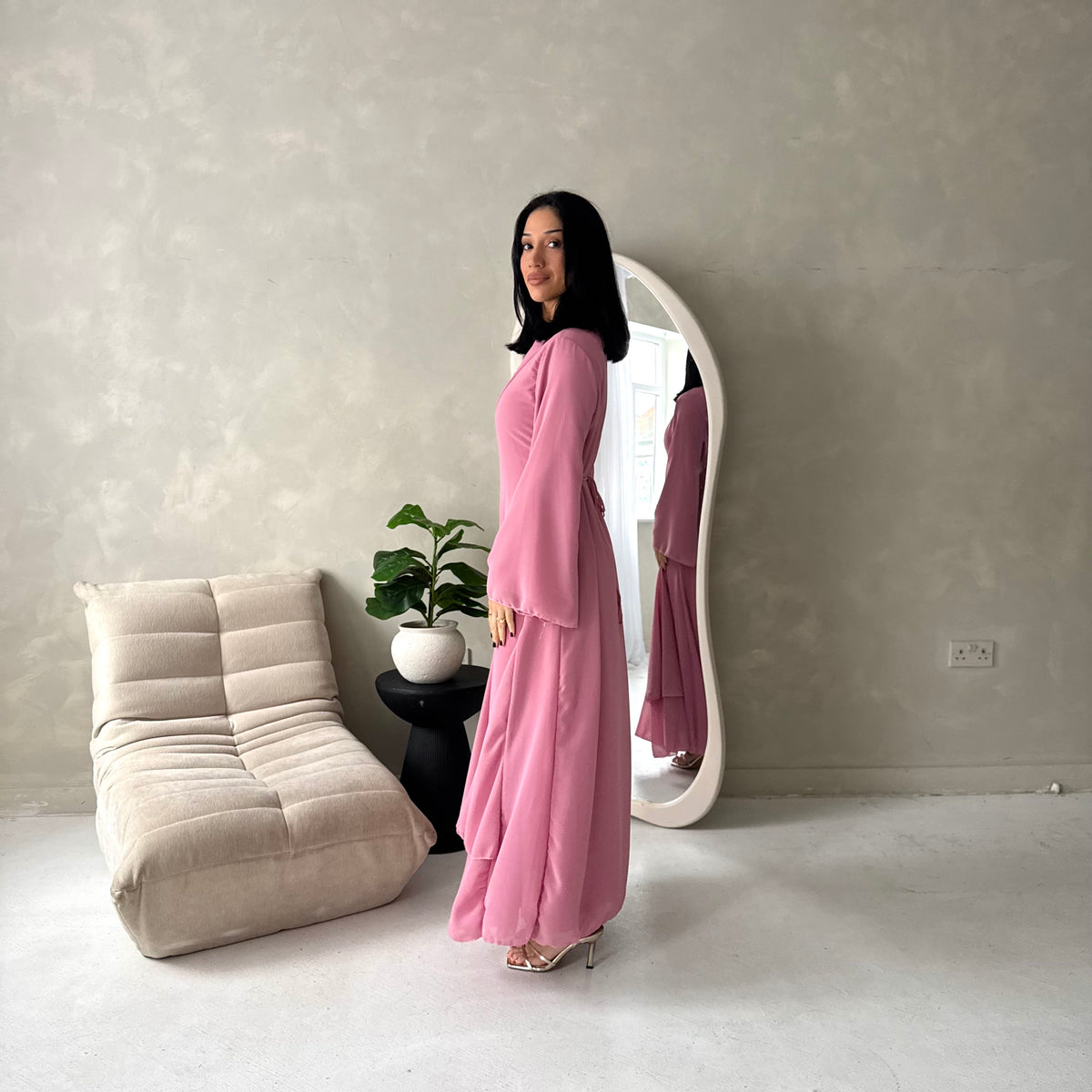 Mysa Pink Mesh Lined Frill Detail Modest Dress