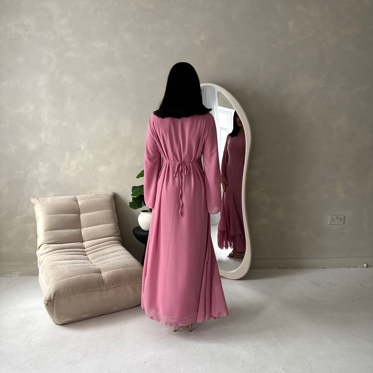 Mysa Pink Mesh Lined Frill Detail Modest Dress