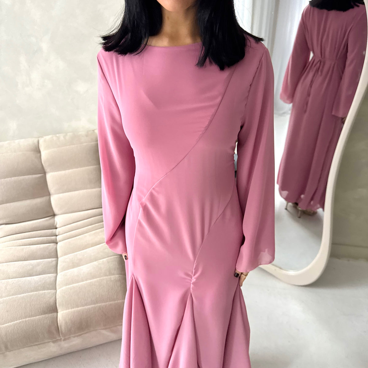 Mysa Pink Mesh Lined Frill Detail Modest Dress