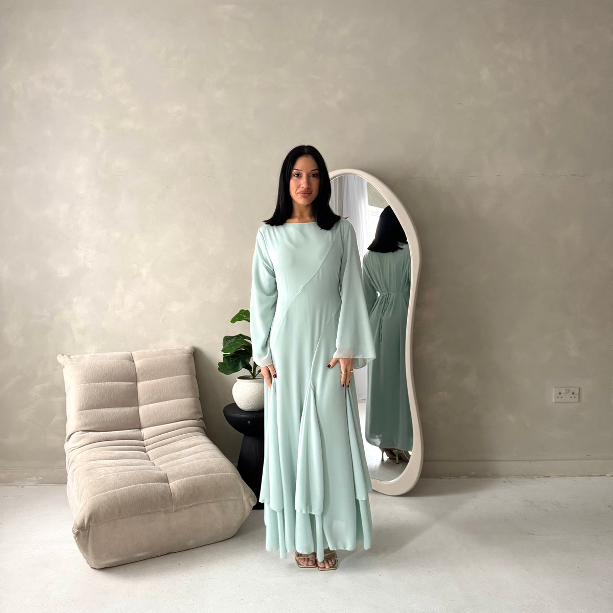 Mysa Mint Mesh Lined Frill Detail Modest Dress