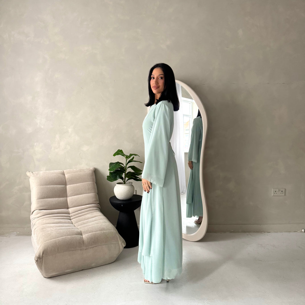 Mysa Mint Mesh Lined Frill Detail Modest Dress