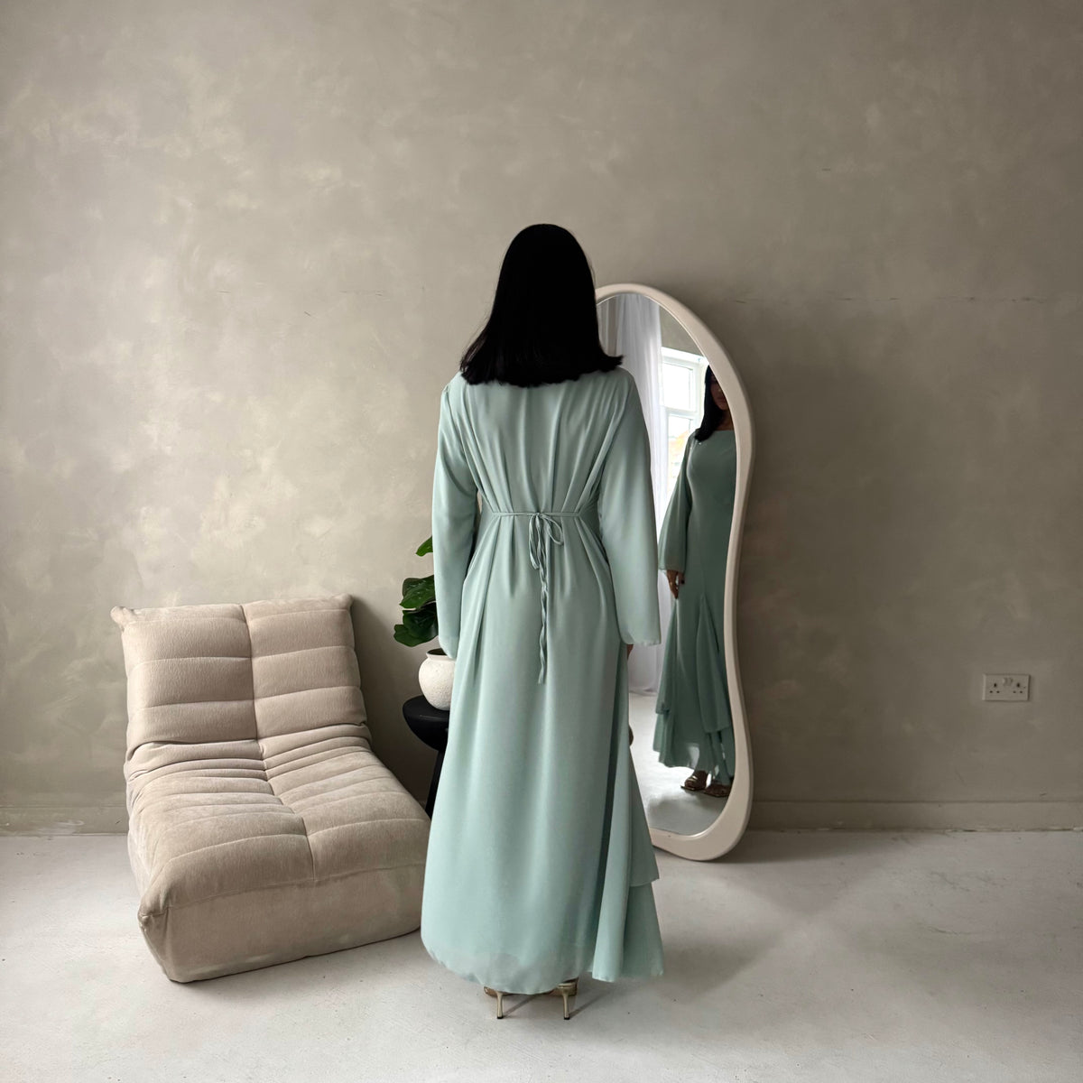 Mysa Mint Mesh Lined Frill Detail Modest Dress
