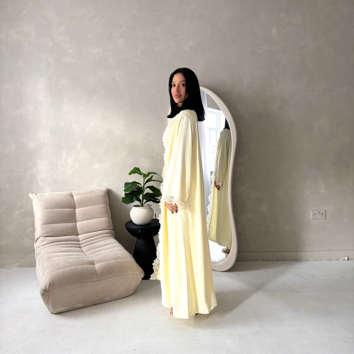 Amara Yellow Lace Detail Two Peice Co Ord Abaya Set